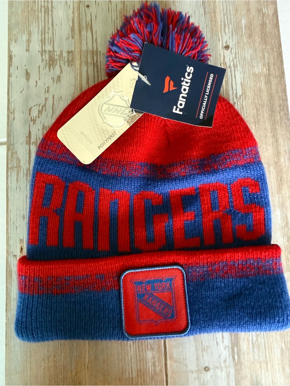 Fanatics New York Rangers NHL Red/Blue Pom Knit Hat One Size Officially Licensed